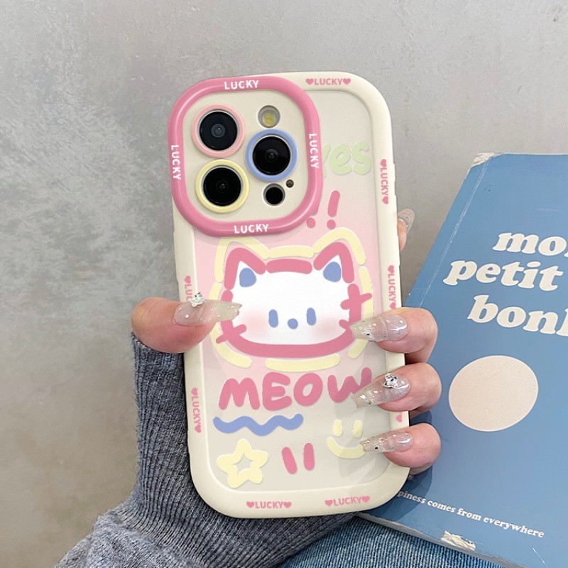 ใช้งานร่วมกับสําหรับ IPhone 15 14 13 12 11 Pro Max X XR Max 7 8 Plus INS Graffiti การ์ตูนแมวสาวเคสโทรศัพท์ Soft