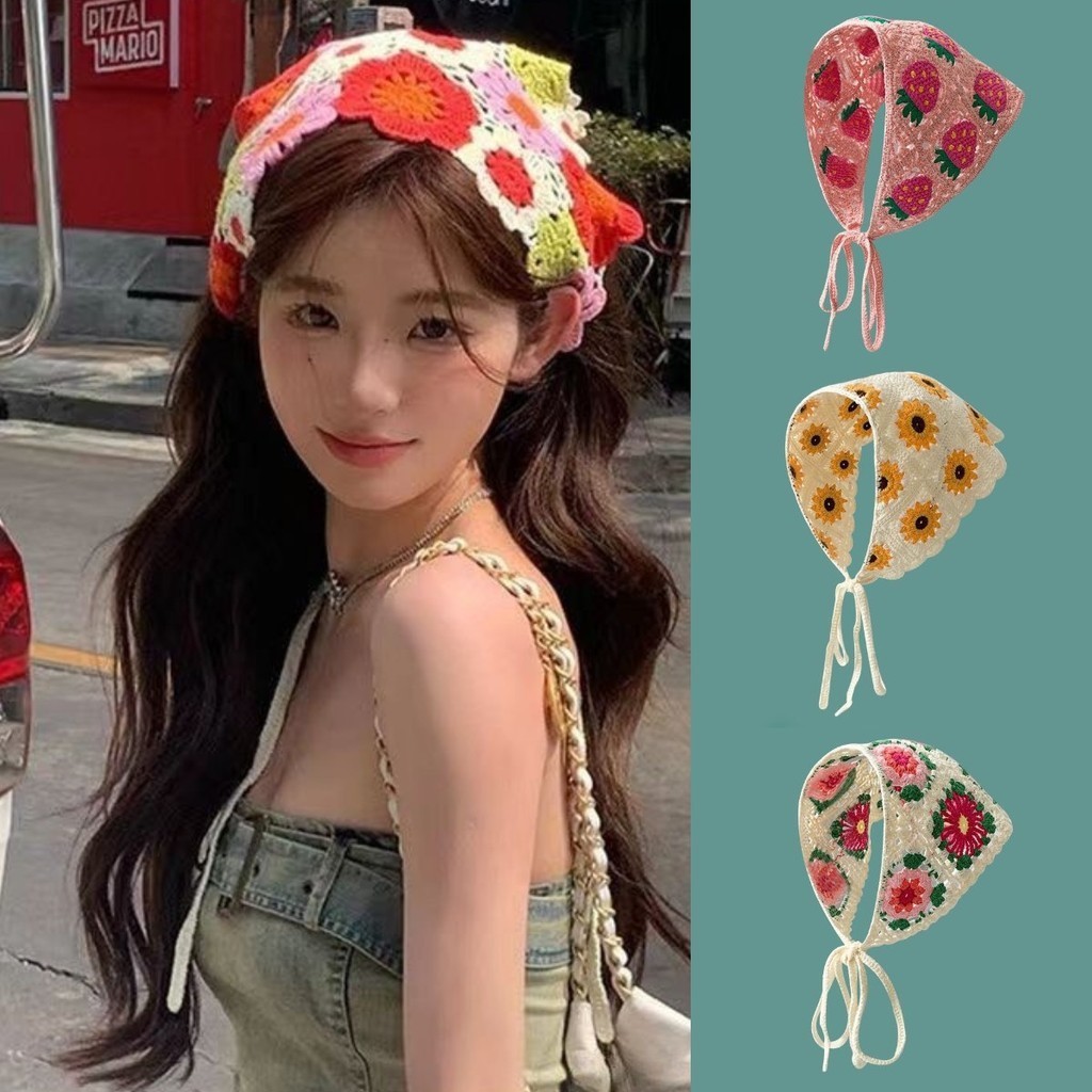 ใหม่ภาษาฝรั่งเศสคํา idyllic headscarf ผู้หญิงผ้าพันคอสามเหลี่ยมดอกไม้แถบคาดศีรษะผูกผมกระเป๋าหัวฤดูร้อนบาง Internet celebrity photo