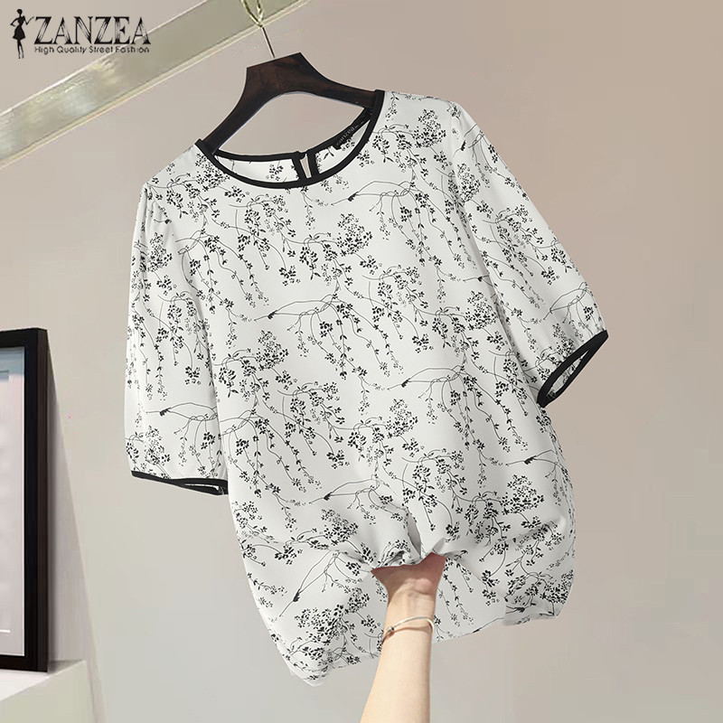 ZANZEA ซานเซีย ผู้หญิงเกาหลีลําลองรอบคอพัฟแขนหลวมพิมพ์เสื้อ
