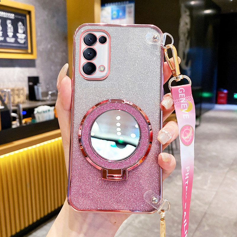 ปลอกสําหรับoppo Reno4 Pro 4G Reno5 Pro Reno6 4G 5G Reno 6Zวงกลมกระจกขาตั้งยึดGlitterแป้งยาวเชือกแขวนAnti Dropโปร่งใสเคสโทรศัพท์