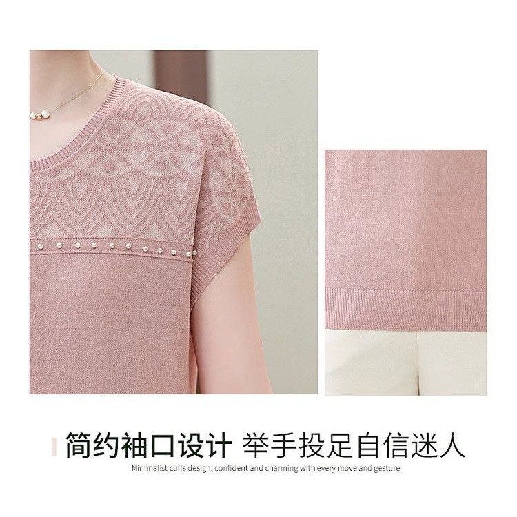 ผ้าไหมน้ําแข็งถักเสื้อขนาดบวกผู้หญิงฤดูร้อนสไตล์เกาหลีหลวมกลวงแขนสั้นเสื้อยืด - รูปที่ 7