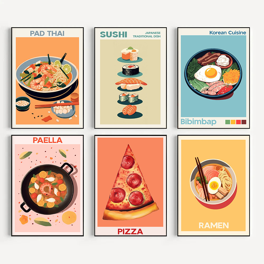 อาหารครัว ญี่ปุ่นสเปนเกาหลีอาหารราเมนซูชิ Essen ภาพประกอบโปสเตอร์ผ้าใบภาพวาด Wall Art ภาพตกแต่งบ้าน