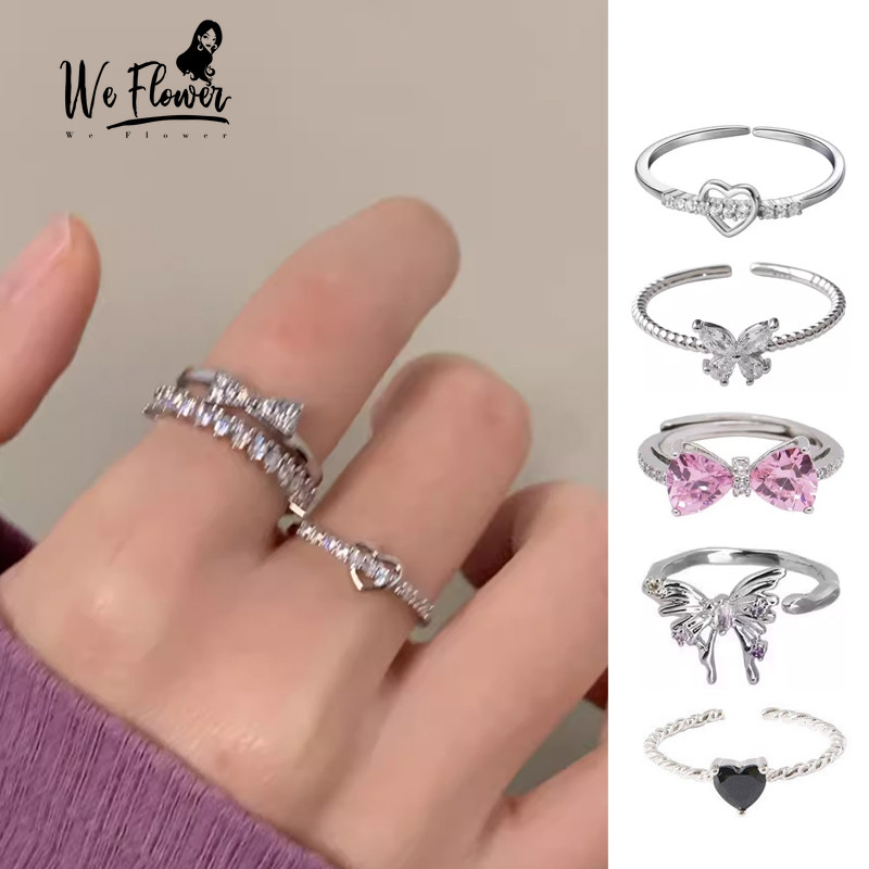 เราดอกไม้ Elegant S925 เงิน Glittery เลื่อมหัวใจผีเสื้อแหวนผู้หญิงสวมใส่ทุกวันเปิดแหวนแฟชั่น Finger Cuff เครื่องประดับอุปกรณ์เสริม