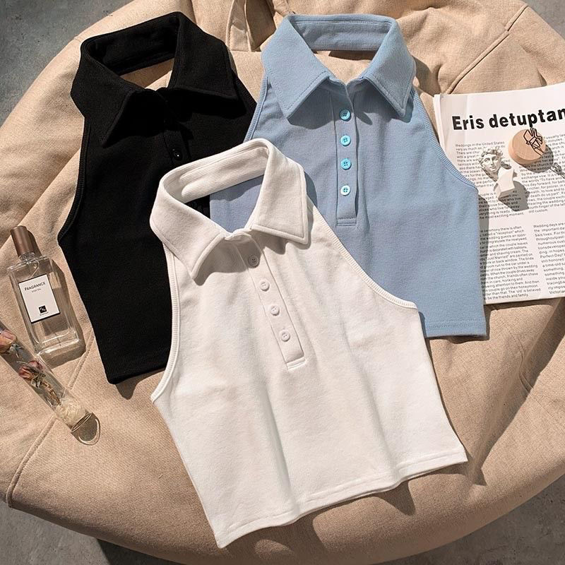 Be Careful เซ็กซี่ Halterneck เสื้อแขนกุดผู้หญิง POLO Collar สั้น Halter Slimmer ดูสาวร้อนขนาดเล็ก Camisole Top