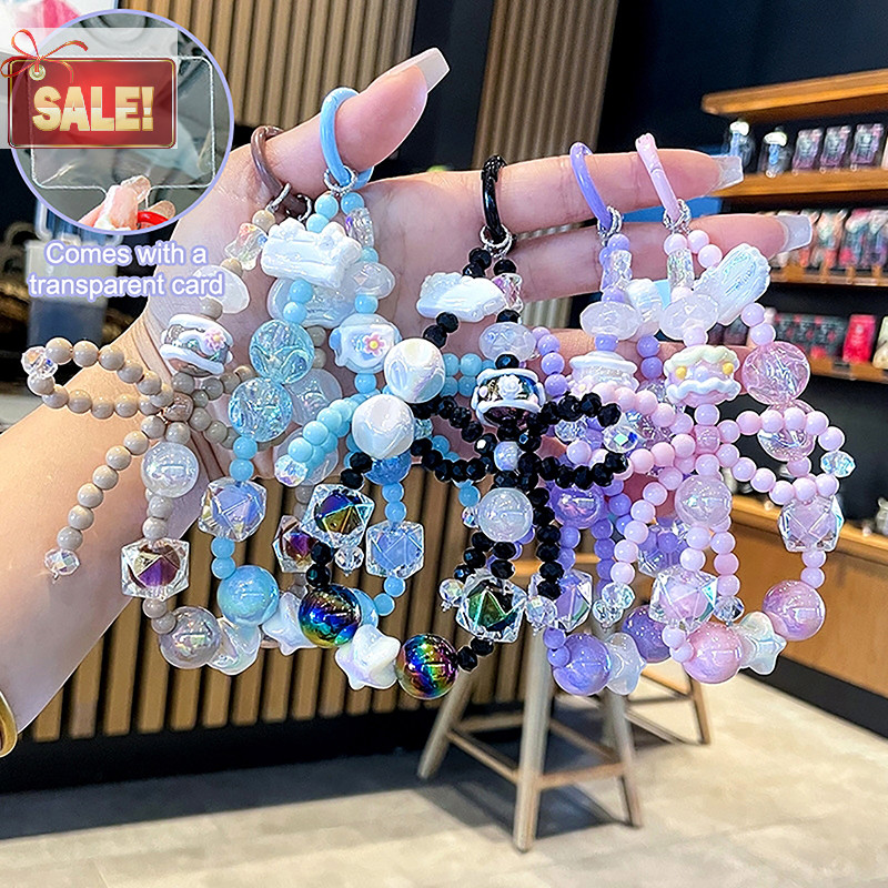Bl ทาสีลูกปัดโทรศัพท์ Chain W/Card สาวหวาน BowKnot พวงกุญแจ Anti-Lost สายรัดข้อมือหูฟังจี้กระเป๋าตกแต่ง A