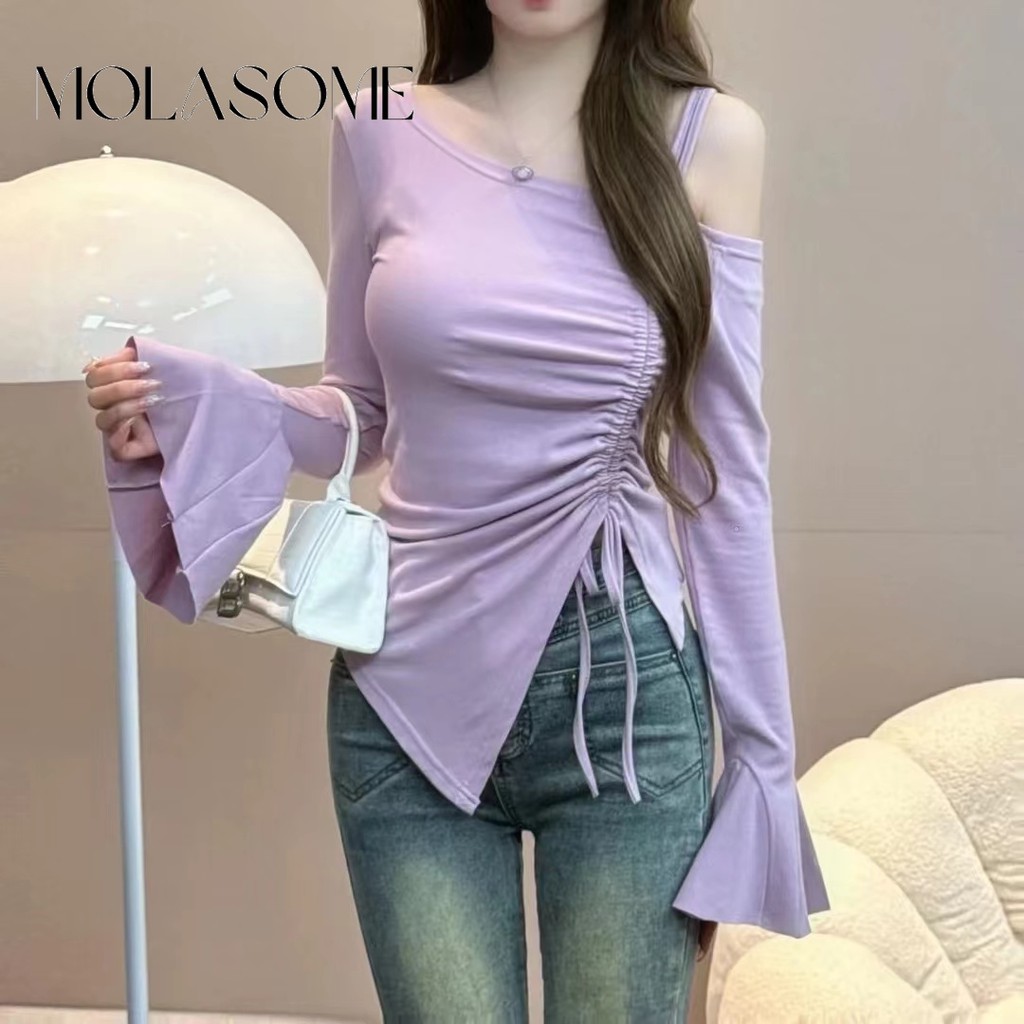 Molasome ผู้หญิง 2024 ใหม่แฟชั่นสีทึบ Halter คอแขนยาวเสื้อยืด Slim Fit