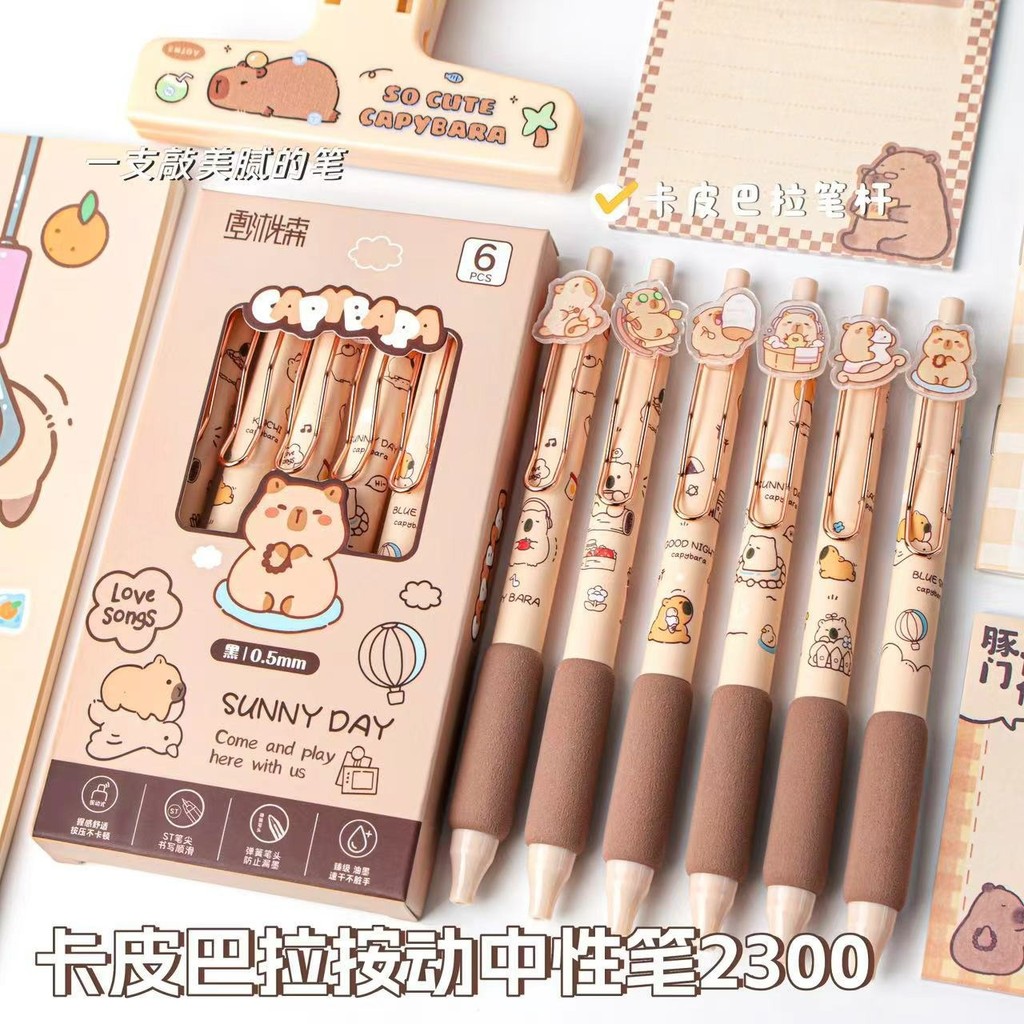 6 ชิ้น Capibara กด Neutral ปากกาน่ารัก ST ปากกาเคล็ดลับ Soft Grip การ์ตูน 0.5 นักเรียน Quick dry แปร