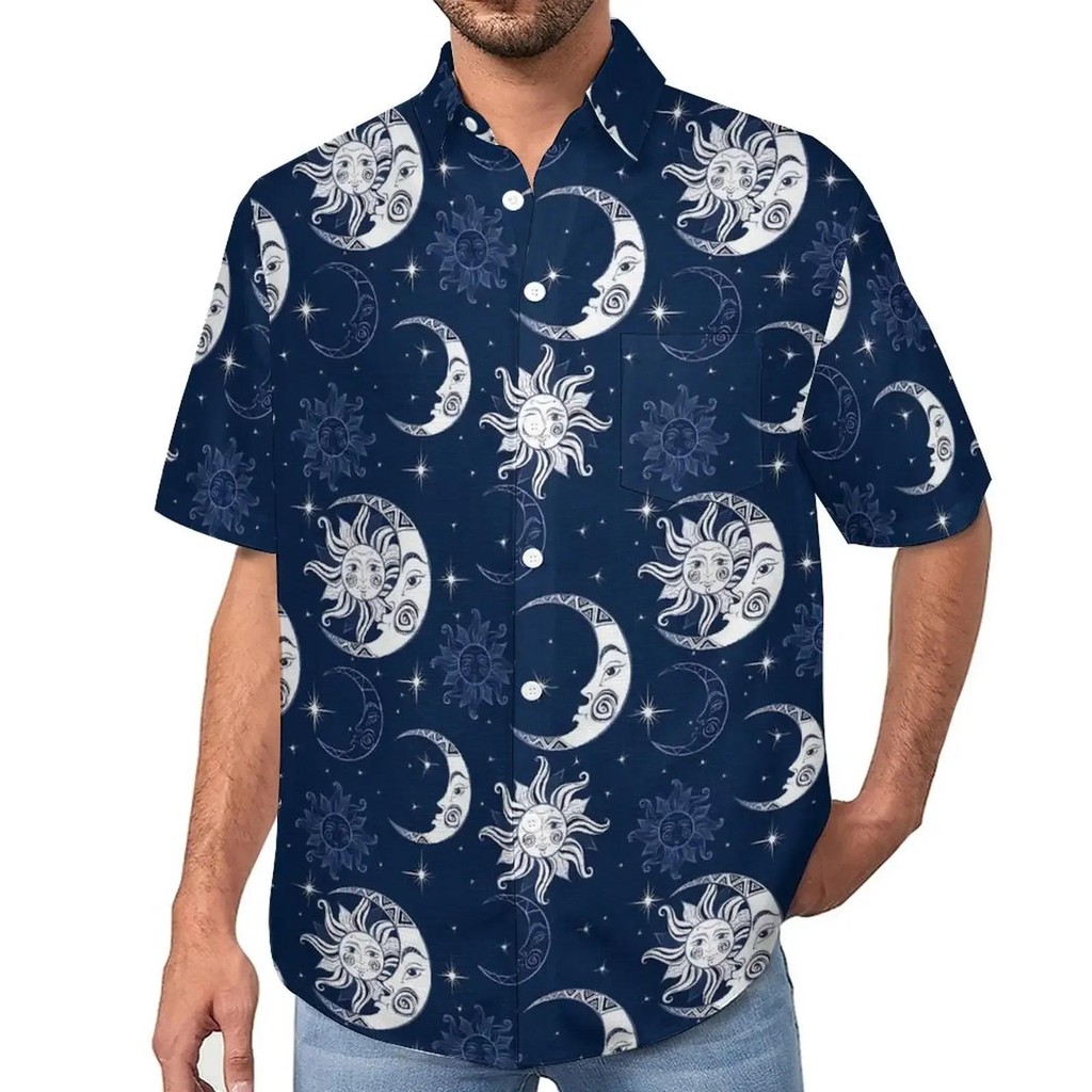 เสื้อเชิ้ตผู้ชาย 3D ดอกไม้พิมพ์เสื้อฮาวายแขนสั้นลําลอง Resort Streetwear Plus ขนาด Sun Moon ดาวที่ไม่ซ้ํากันน่ารักสเปน