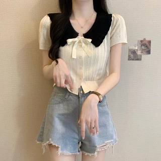 French Sweet All-Match Bow Contrast สีเสื้อถักฤดูร้อนสไตล์ใหม่ตุ๊กตาสั้น Casual Slimmer ดู All-Match Top ผู้หญิง