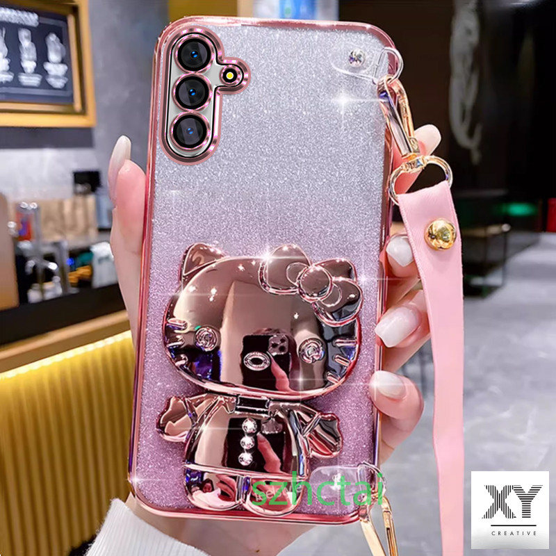 เคส แวววาว Samsung A55 5G A25 5G A15 A05S A25 A35 A14 S24 A24 5G A34 A54 A13 A23 A33 A53 A02S A03S A04S A13 5G S24 Plus สายรัดข้อมือยาวสไตล์เคสโทรศัพท์แบบนุ่มปลอกปลอกคิตตี้ตัวยึดแมวพร้อมกระจก
