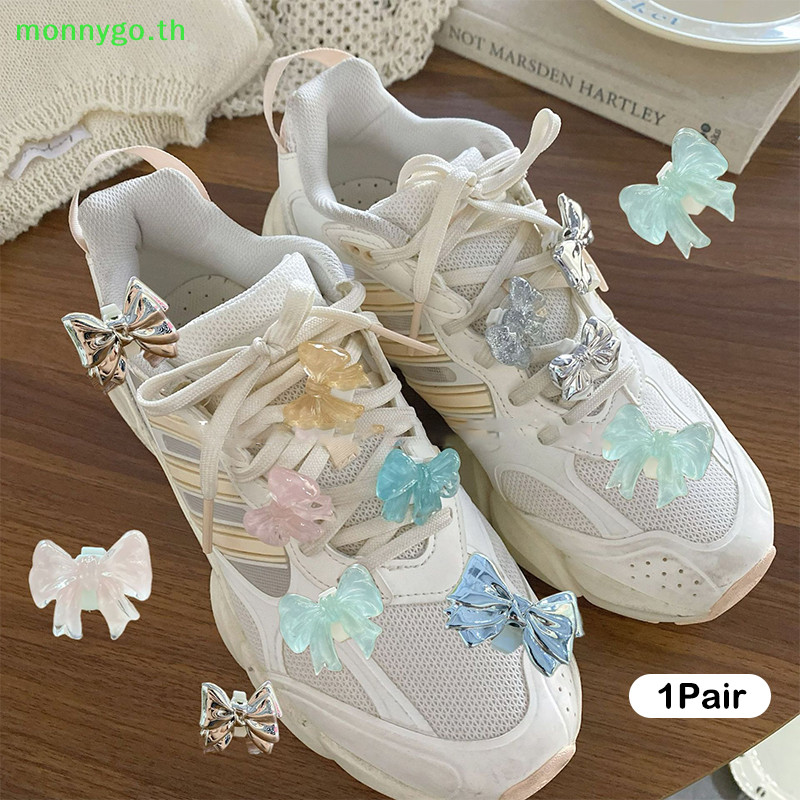 Monnygo 1 คู่รองเท้าดอกไม้สี Candy Bowknot รองเท้าหัวเข็มขัดแฟชั่น Bow รองเท้า Charm Shoelaces คลิปรองเท้าตกแต่ง DIY รองเท้าเครื่องประดับ TH