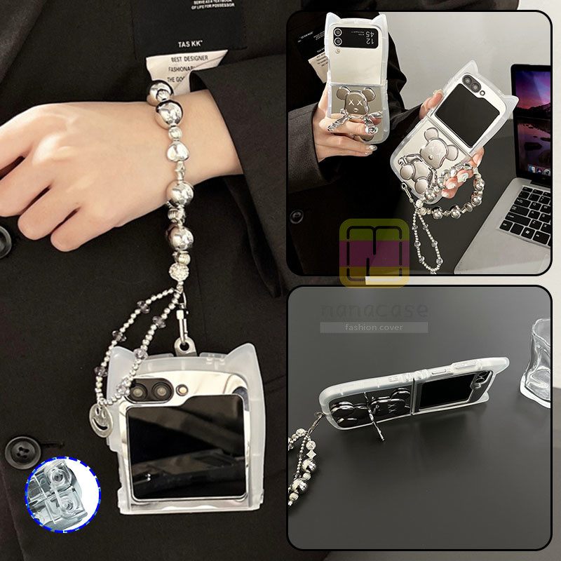 SAMSUNG หมีรุนแรงยืนกระจกชุบหูแมว ทีพียู เคสโทรศัพท์ซิลิโคนพร้อมสร้อยข้อมือ ซัมซุง กาแลคซี Z พลิก 6 พลิก 5 พลิก 4 3 ปลอกกันกระแทกใส