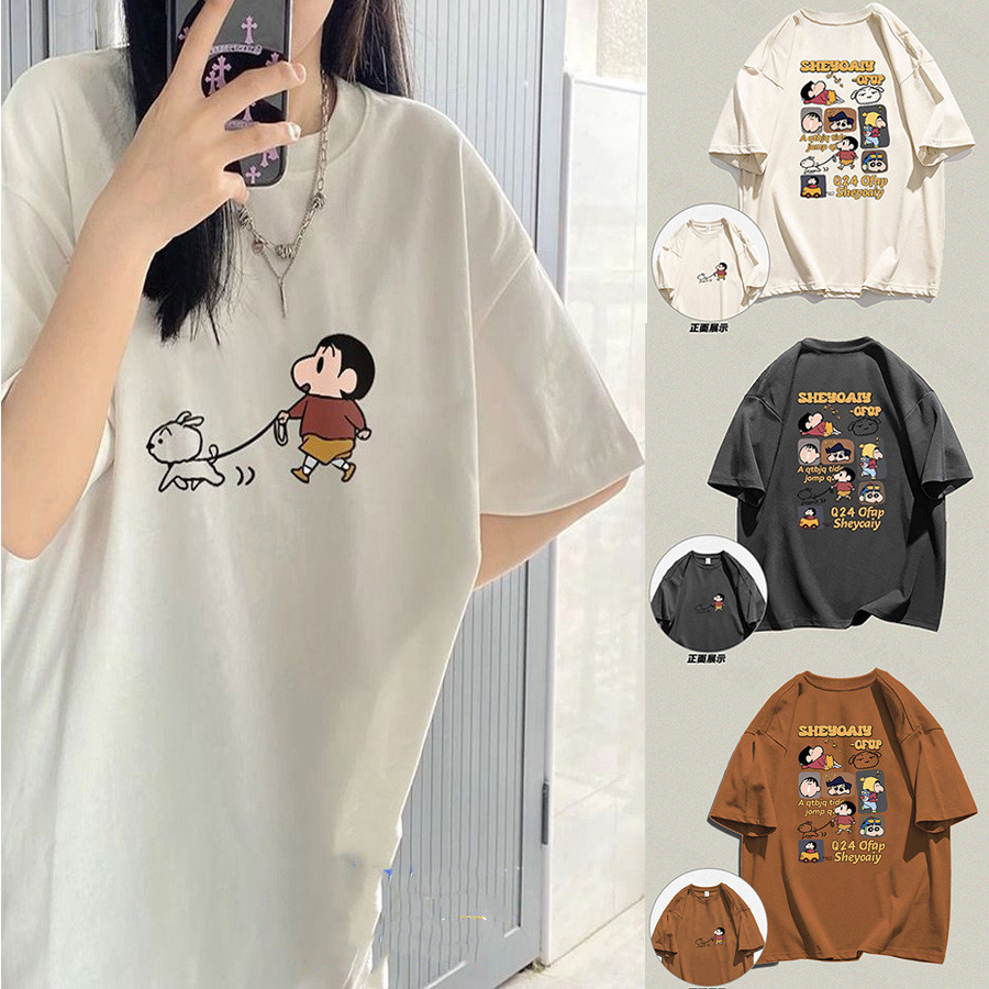 ผู้หญิงเครยอนชินจังแขนสั้นเสื้อยืดฮาราจูกุหลวมด้านบนคู่ที่เรียบง่ายที