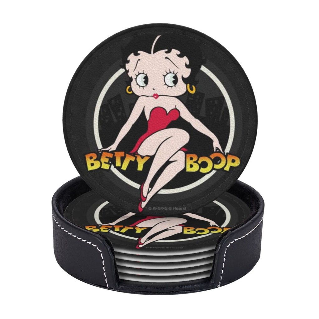 Betty Boop ที่รองแก้วทรงกลม ชุดที่รองแก้วตลกกันน้ําหนัง PU แบบพกพา 6 ชิ้นสําหรับเครื่องดื่ม