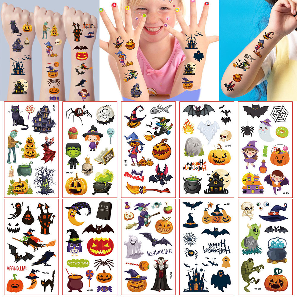 สติกเกอร์รอยสักชั่วคราวรูปฟักทองฮาโลวีน 10 ชิ้นสำหรับเด็ก กันน้ำ รอยสักปลอม แมงมุม ค้างคาว ผี สำหรับผู้ชายและผู้หญิง สติกเกอร์รอยสักที่มือและใบหน้า