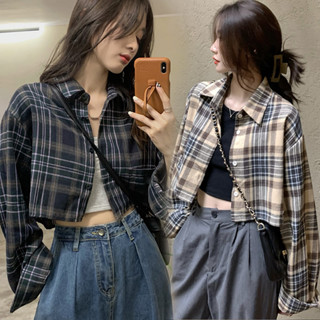 MIMI&DIDI#เสื้อแจ็คเก็ตเชิ้ตแขนยาวลายสก็อตย้อนยุคสำหรับผู้หญ…