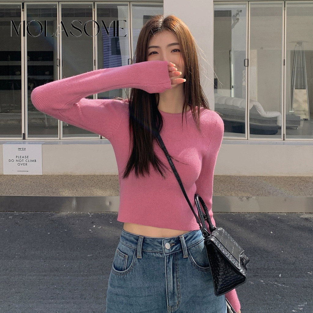 โมลาโซเมะ ผู้หญิง2024สีทึบคอกลมแขนยาวสลิมฟิตทุกการแข่งขันเสื้อยืด