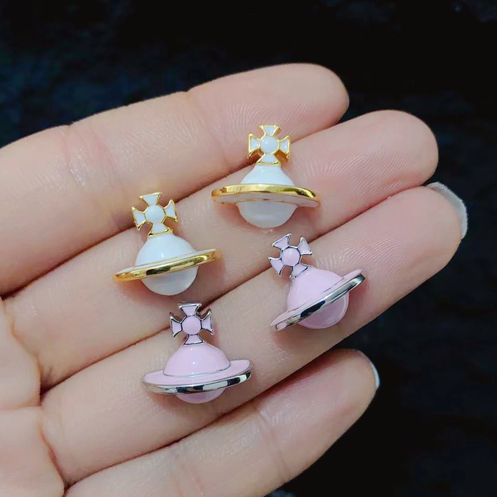 Vivienne Westwood Pink Planet ต่างหู Niche Design ต่างหู Classy Simple ต่างหู