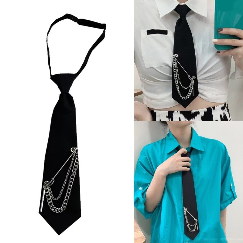 MIS Japanese Punk เนคไทสีดํายาวโซ่โลหะ Pin Harajuku Vintage Pre Tie Tie Tie Tie Tie