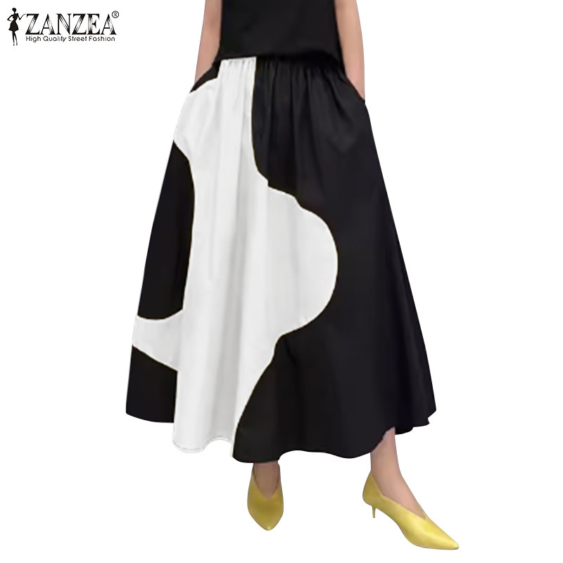 Zanzea ผู้หญิงเกาหลีแฟชั่น Patchwork เอวยางยืดกระเป๋าหลวม A-Line กระโปรง