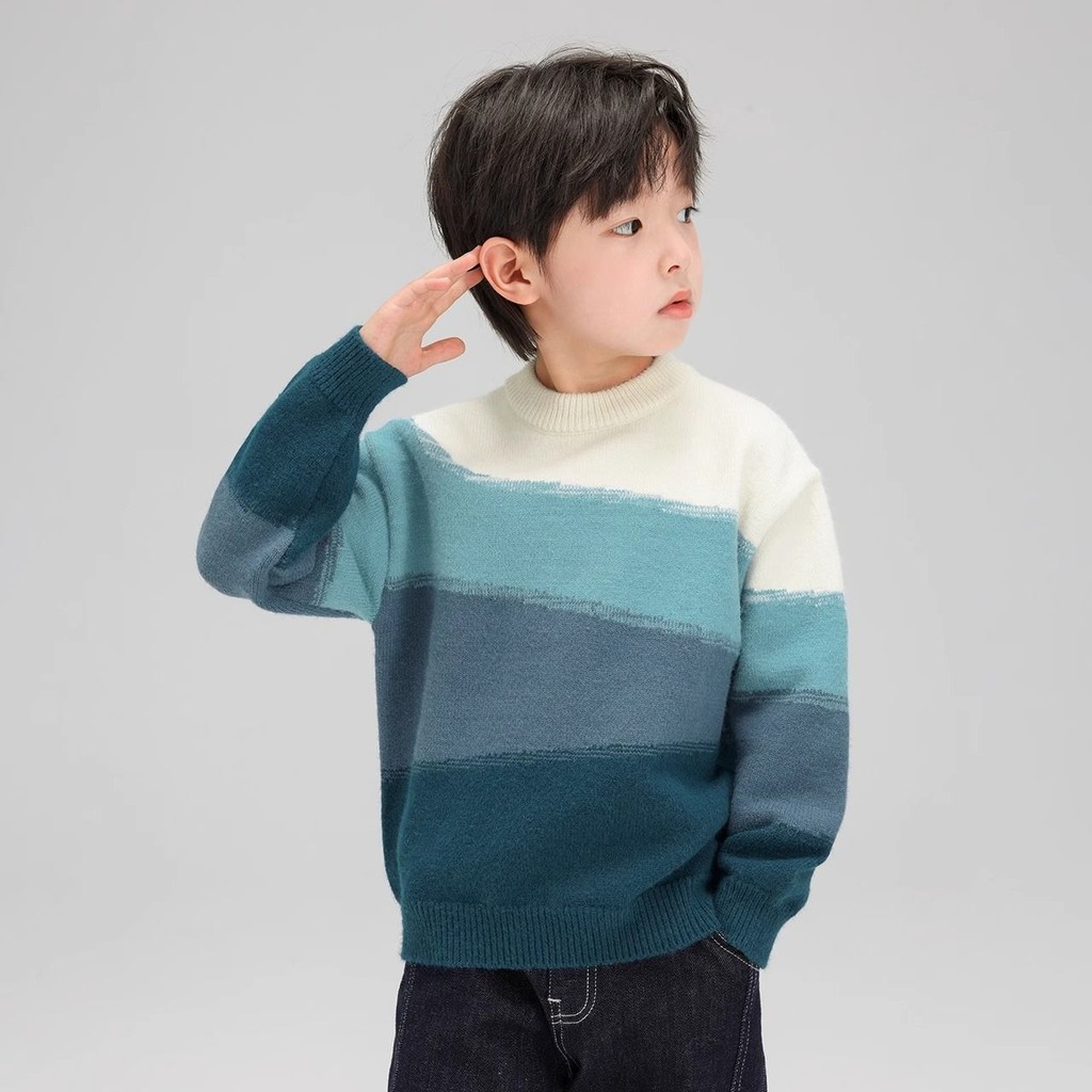 เด็กชายไล่โทนสีสีสไตล์เด็กเสื้อถักฤดูใบไม้ร่วงฤดูหนาวรูปแบบใหม่อบอุ่นสไตล์ตะวันตก จุดต่ําสุด เสื้อกันหนาว