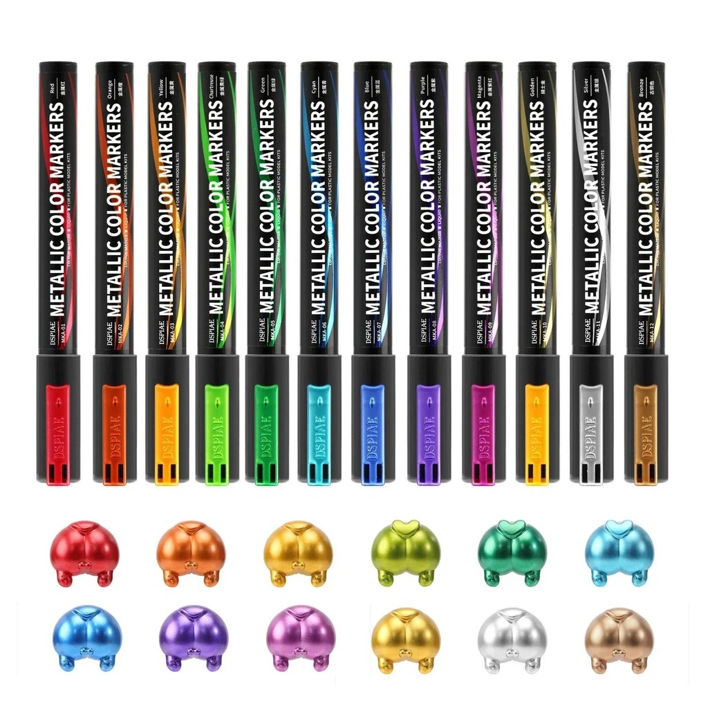 Dspiae MKA 12pcs Super Metallic สีชุด Dual Tips Marker ปากกาสําหรับ Gundam รุ่น Mech Gunpla ภาพวาดงา