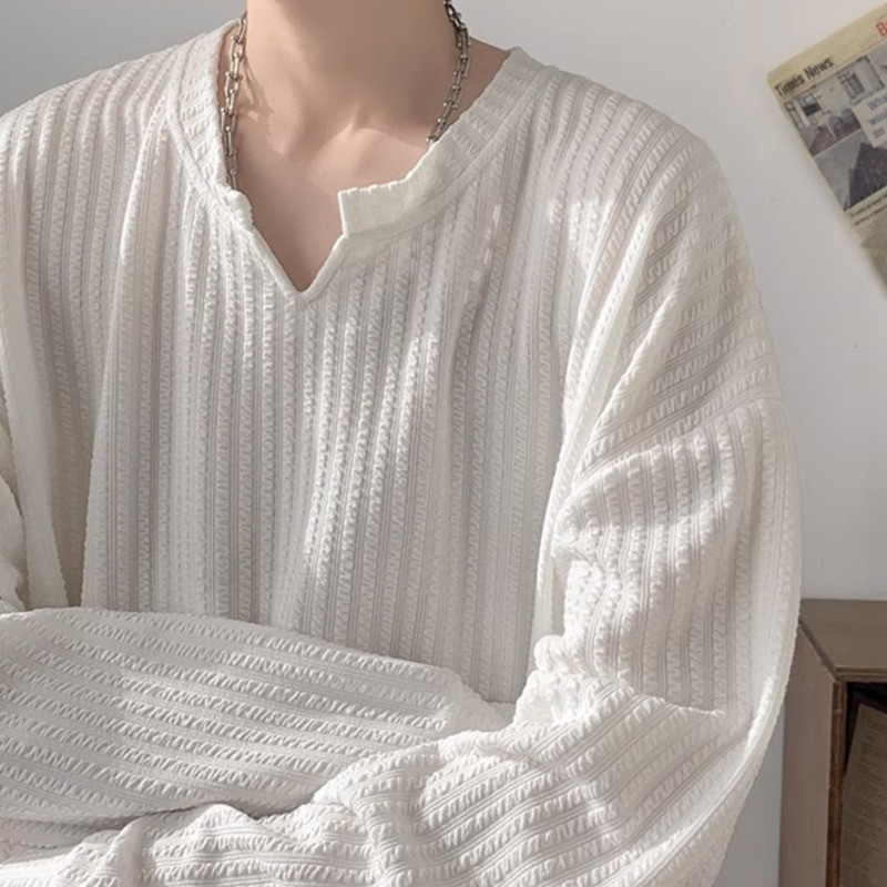 เสื้อยืดผู้ชาย ฤดูใบไม้ผลิฤดูใบไม้ร่วงแฟชั่นเกาหลีสบายๆหลวมสีทึบแขนยาวเสื้อยืด เสื้อยืดชาย