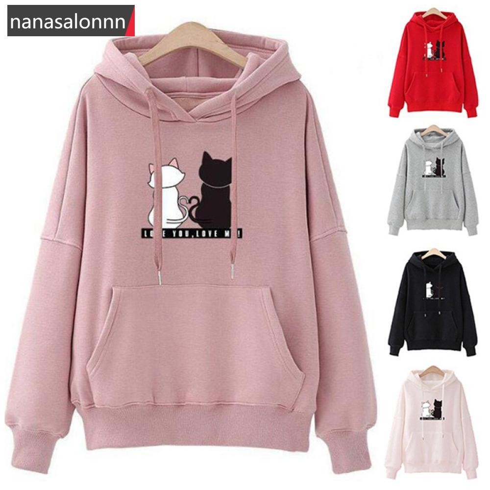 OUTLETS outlets Nanasn| เสื้อกันหนาวมีฮู้ดหญิงหลวมอบอุ่นพิมพ์แมวสําหรับฤดูใบไม้ร่วง / ฤดูหนาว ง2ฉ5[O
