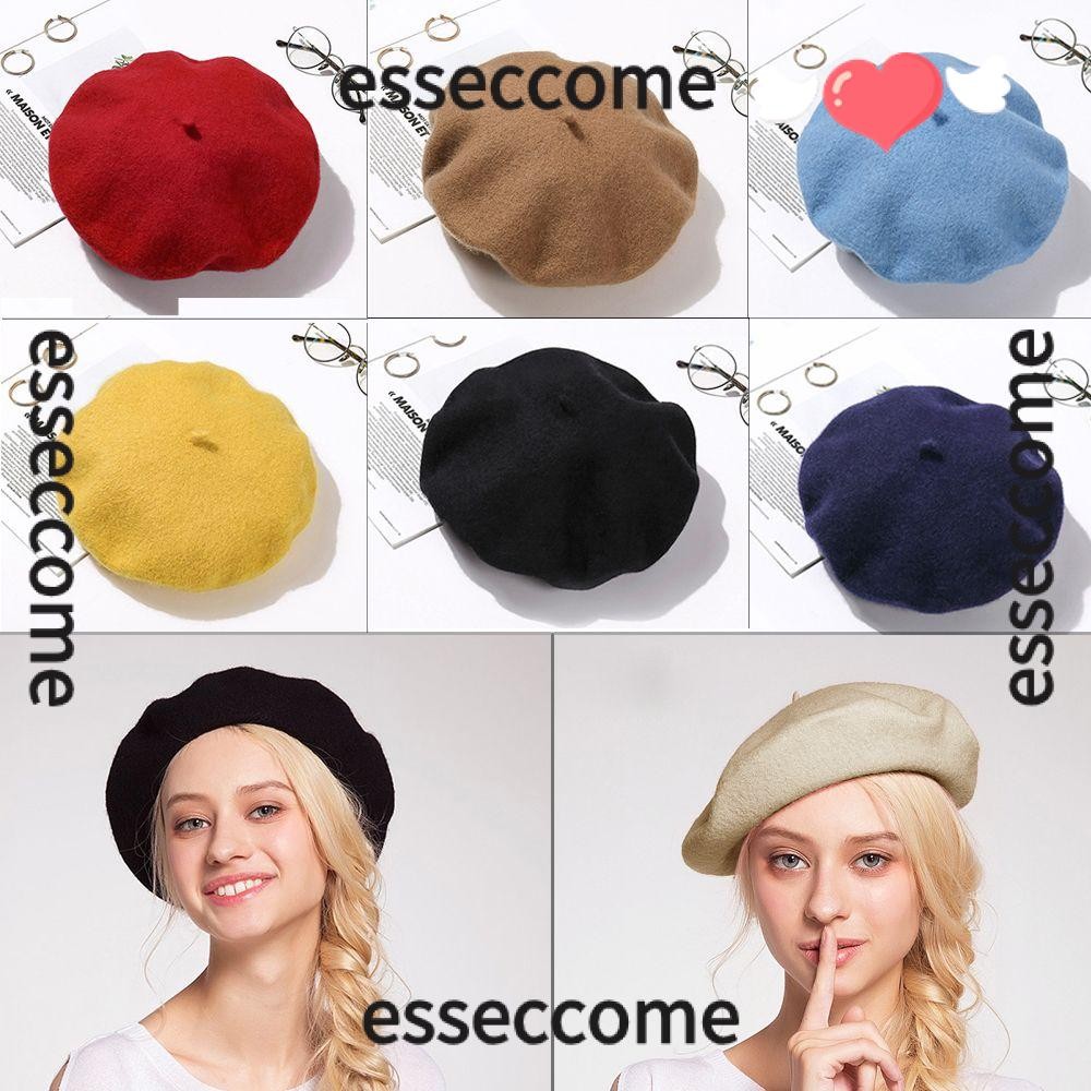 Esseccome ขนสัตว์ Beret หมวกผู้หญิงหมวกสีทึบหมวกแบนหมวก