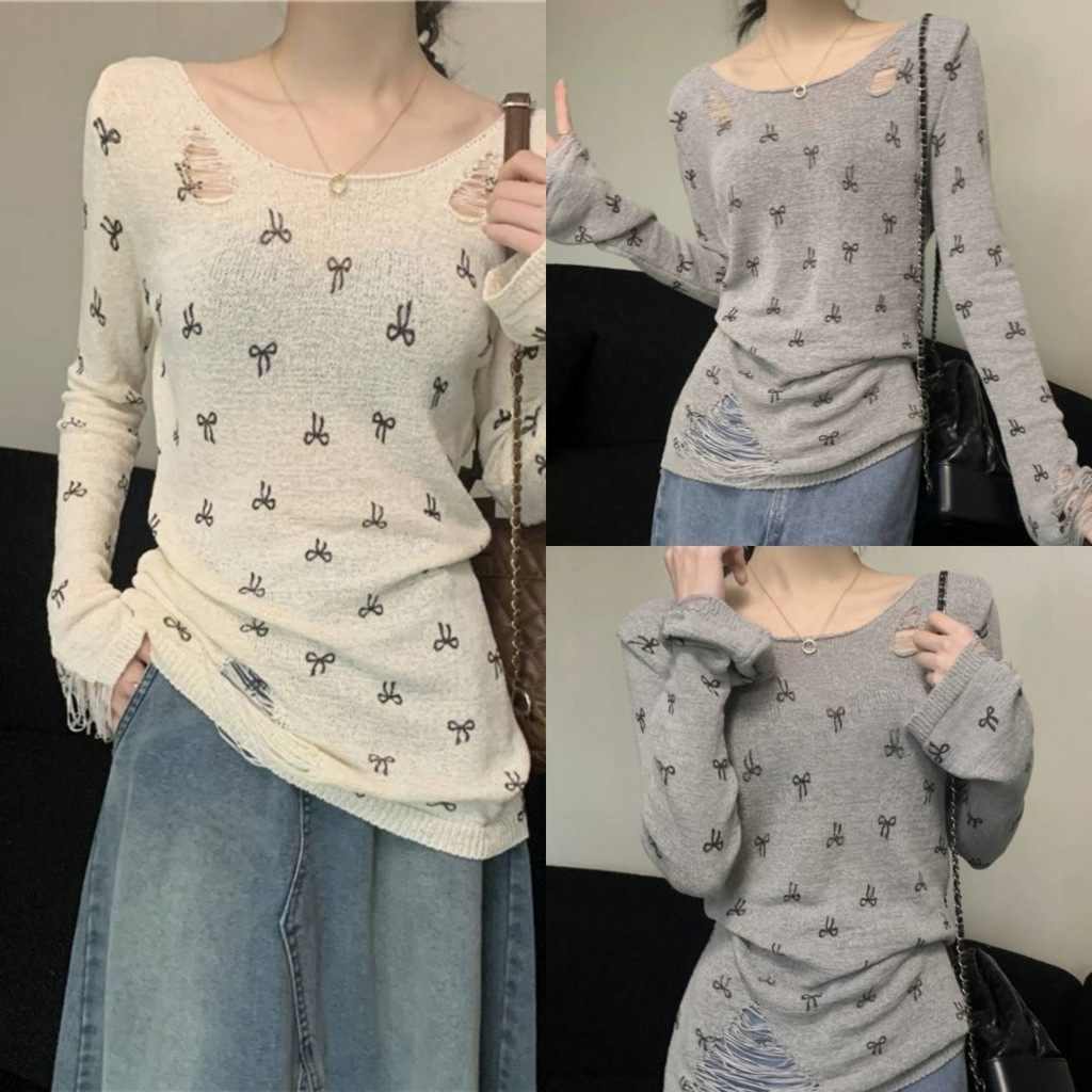 Pudding ~พร้อมส่ง~ "Y6526" เสื้อไหมพรมแขนยาว คอกลม ดีเทลซีทรู ลายโบว์