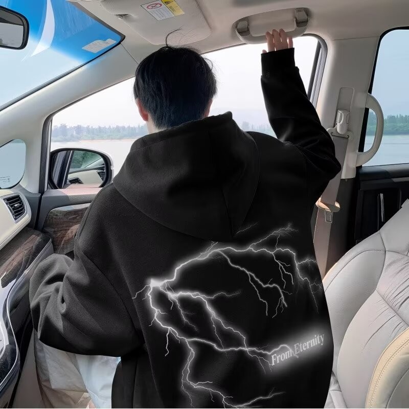 สไตล์อเมริกันฟ้าผ่าพิมพ์m-5xlผู้ชายpullover oversize Hoodieแฟชั่นหลวมแขนยาวกีฬาHoodies