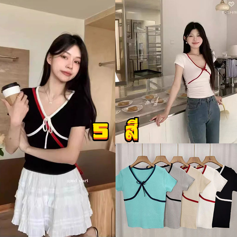 ร้อมส่ง เสื้อถักแขนสั้น คอวี ลายทางแขนสั้น คอปกแต่งโบว์ริบบิ้นผ้าใส่สบาย สุดน่ารัก korean Fashion แขนสั้น บาง
