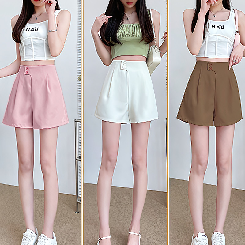 SuySuy พร้อมส่ง กางเกง ขาสั้นสำหรับสตรี สีพื้น ผ้าซาตินใส่สบายไม่ร้อน แต่งกระดุม ซิปซ่อน  กระเป๋าข้าง สไตล์เกาหลี