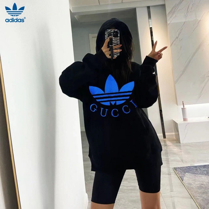 ADIDAS GUCCI Adidasgucci Clover Unisex โลโก้ใหญ่พิมพ์ Collaboration Hoodies คู่ F/W Street Athleisur