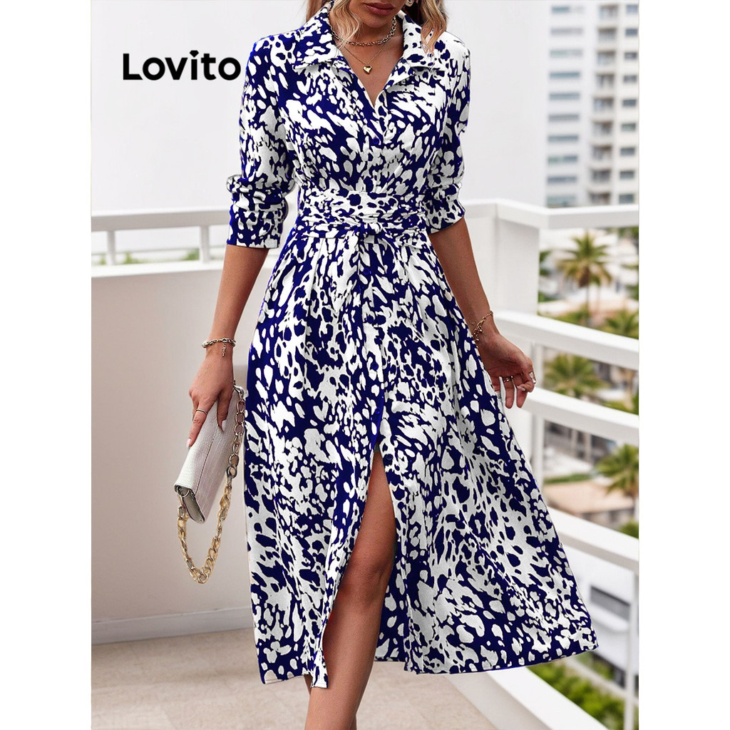 Lovito ชุดเดรสกระดุมลายดอกไม้หรูหราสำหรับผู้หญิง LBL16071