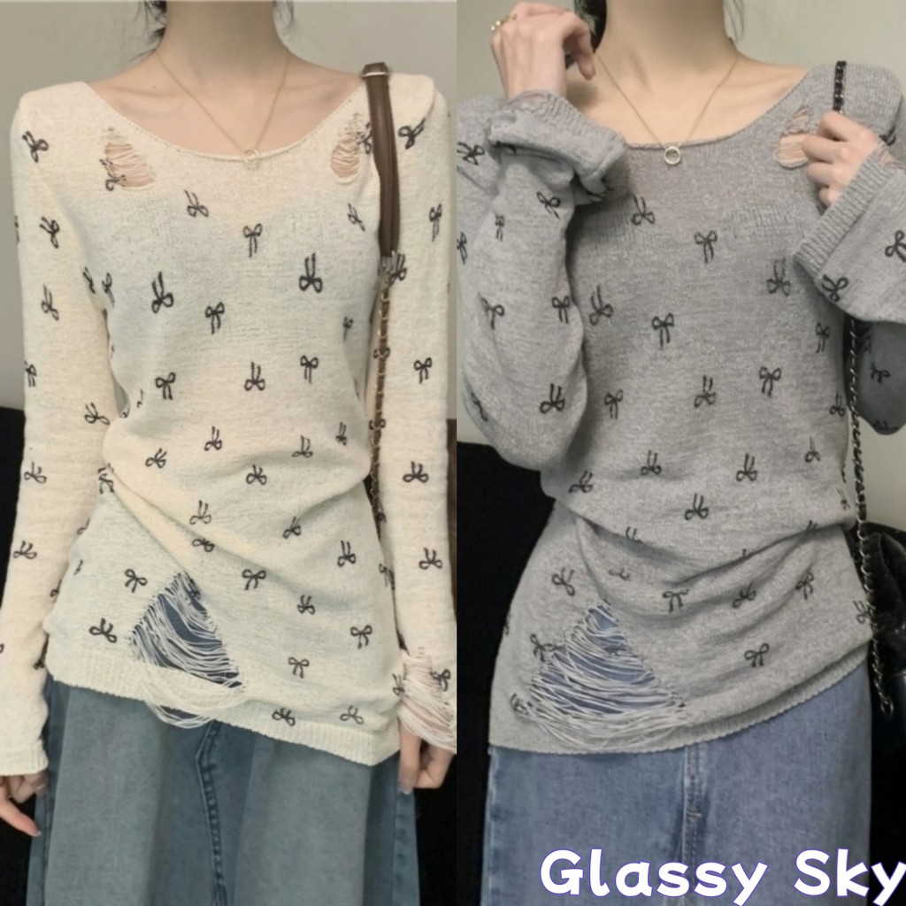 Glassy Sky💖พร้อมส่ง💖เสื้อไหมพรมแขนยาว คอกลม ดีเทลซีทรู ลายโบว์ น่ารักมาก สวมใส่สบาย(Y6526)