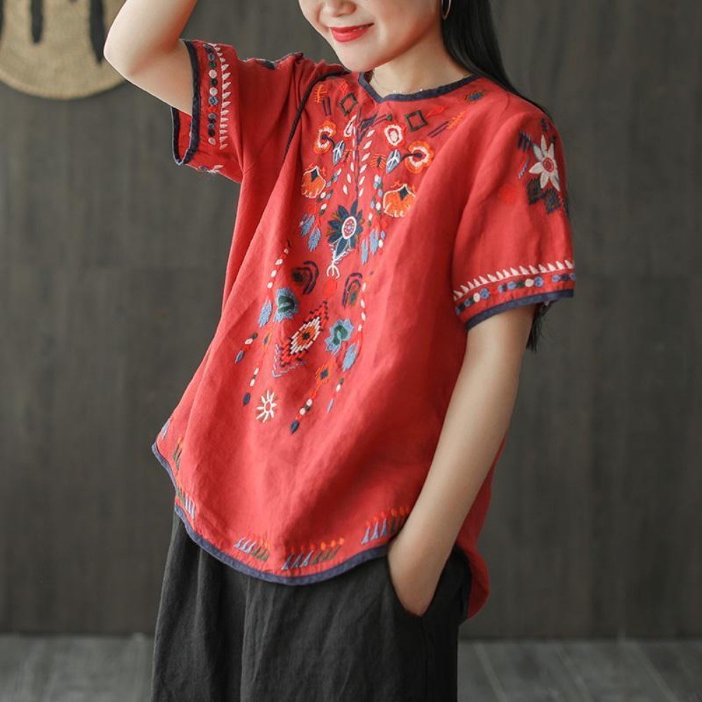 ผ้าฝ้ายผ้าลินินปักเสื้อยืดฤดูร้อนสไตล์ใหม่ย้อนยุควรรณกรรมหลวมทุกการแข่งขันที่เรียบง่ายสบายๆเสื้อสวมหัวสีขาวด้านบนผู้หญิง