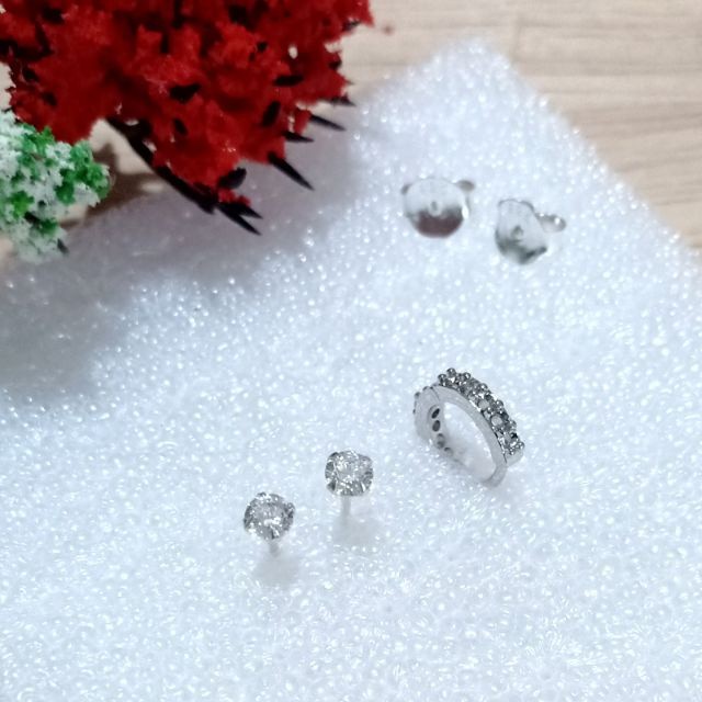 🔥ยกเซ็ต 3 ชิ้น (silver925) เพชร 3 mm.+ห่วงเพชรเงินเเท้ 6 mm.