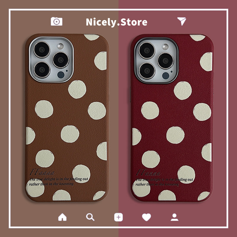 Simple Polka Dot สีน้ําตาลสีแดงหนังเคสโทรศัพท์สําหรับ iPhone 16 15 14 13 Pro Max 16Promax Dirt Resistance ฝาหลังปลอก