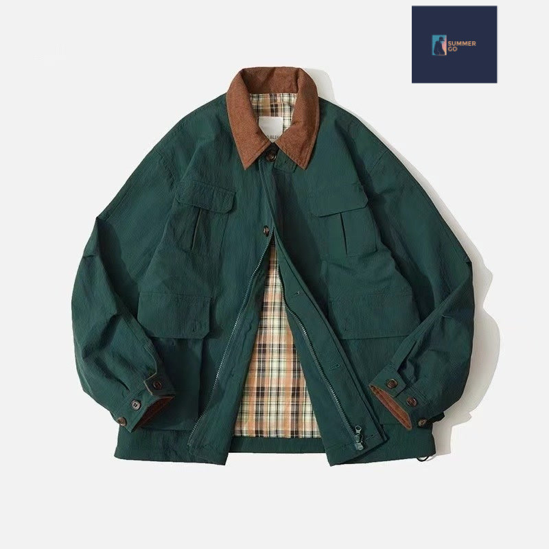 Harrington Coat American Street Wear Couple Style Lapel Contrast Color Casual Jacket Detroit Coat Pure Cotton Coat Lapel Coat Jacket Coat All-Match Coat สีทึบเสื้อลําลอง