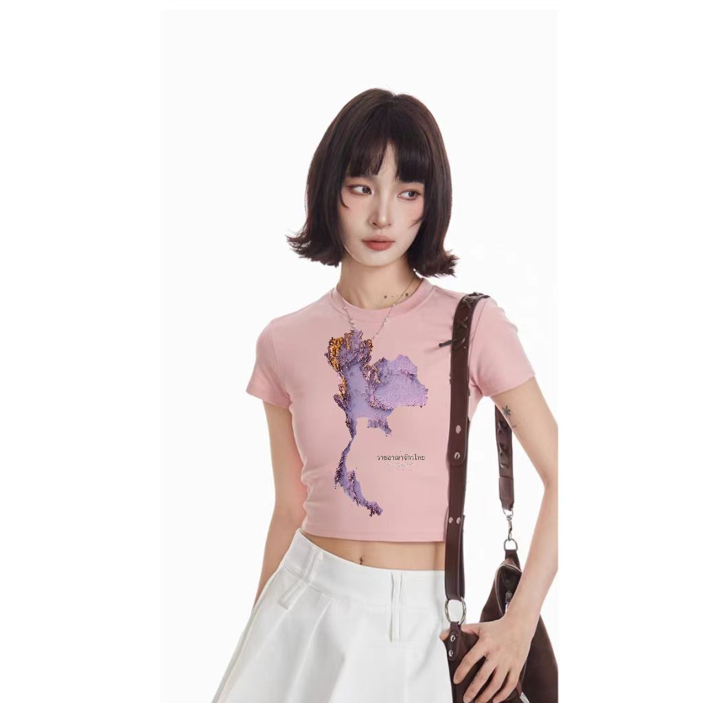 🔥 สุภาพสตรีแขนสั้น Thailand Map T-Shirt ชุดสะดือเปิดสั้น แผนกฮัน สลิมฟิต ผ้าฝ้ายเกรดสูง40-55kg เสื้อ