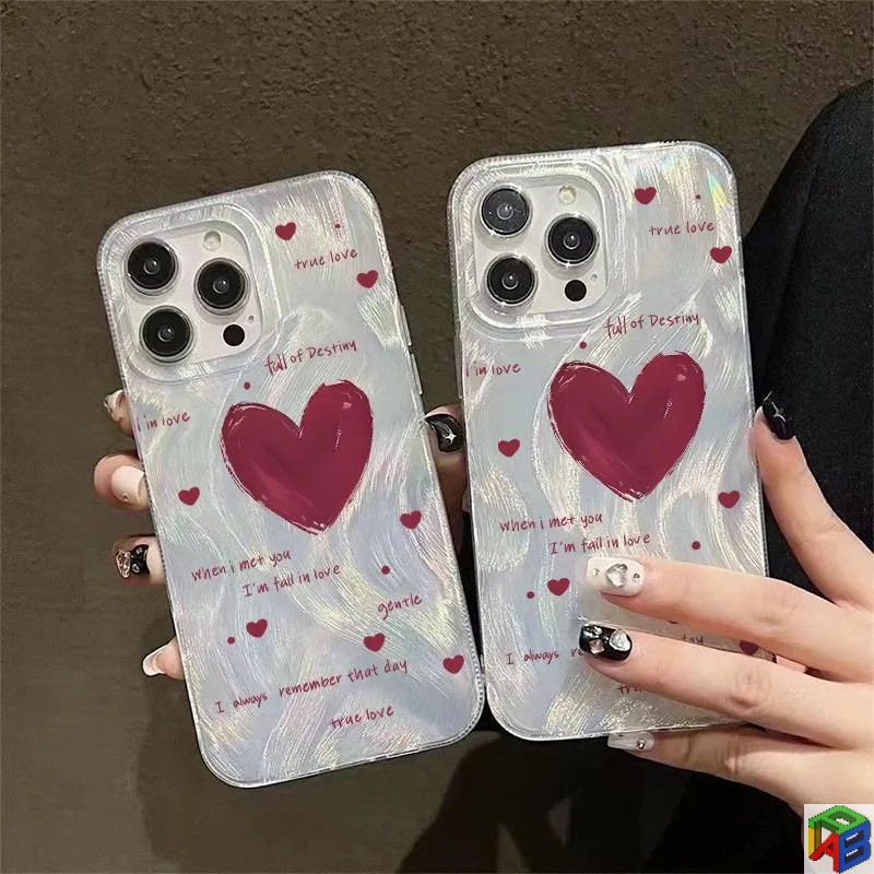 รักสีแดงเรียบง่ายสําหรับ iPhone15/16 Promax เคสโทรศัพท์ขั้นสูง 14plus/13 Apple 12/11Promax Drop-Resistant Xr Xsmax เคสสะท้อนแสงขนนก