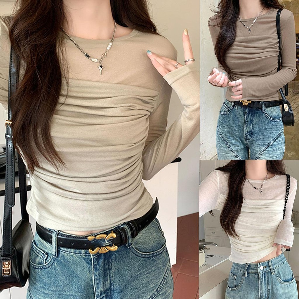 KOKO#เสื้อยืดตาข่ายเซ็กซี่ เสื้อวินเทจ ทรงสลิม คอกลม สำหรับผู้หญิง แขนยาว ดีไซน์จีบ แฟชั่นสไตล์เกาหลี#W458