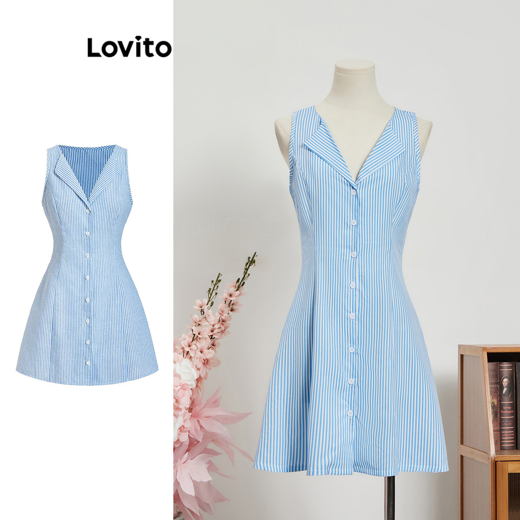 Lovito ชุดเดรสกระดุมลายทางลำลองสำหรับผู้หญิง L104ED687
