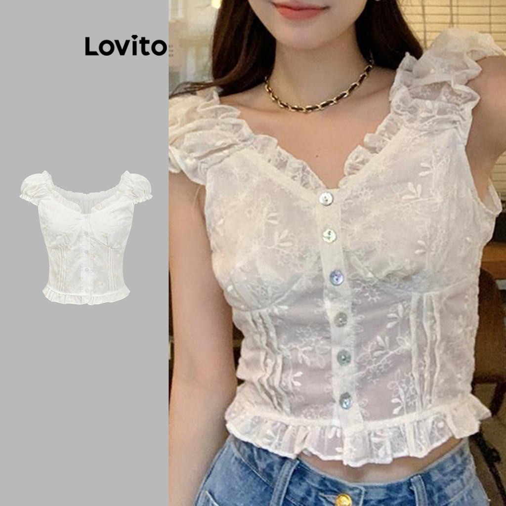Lovito เสื้อเบลาส์ผู้หญิง ปักลาย สีพื้น สไตล์น่ารัก L88AD209