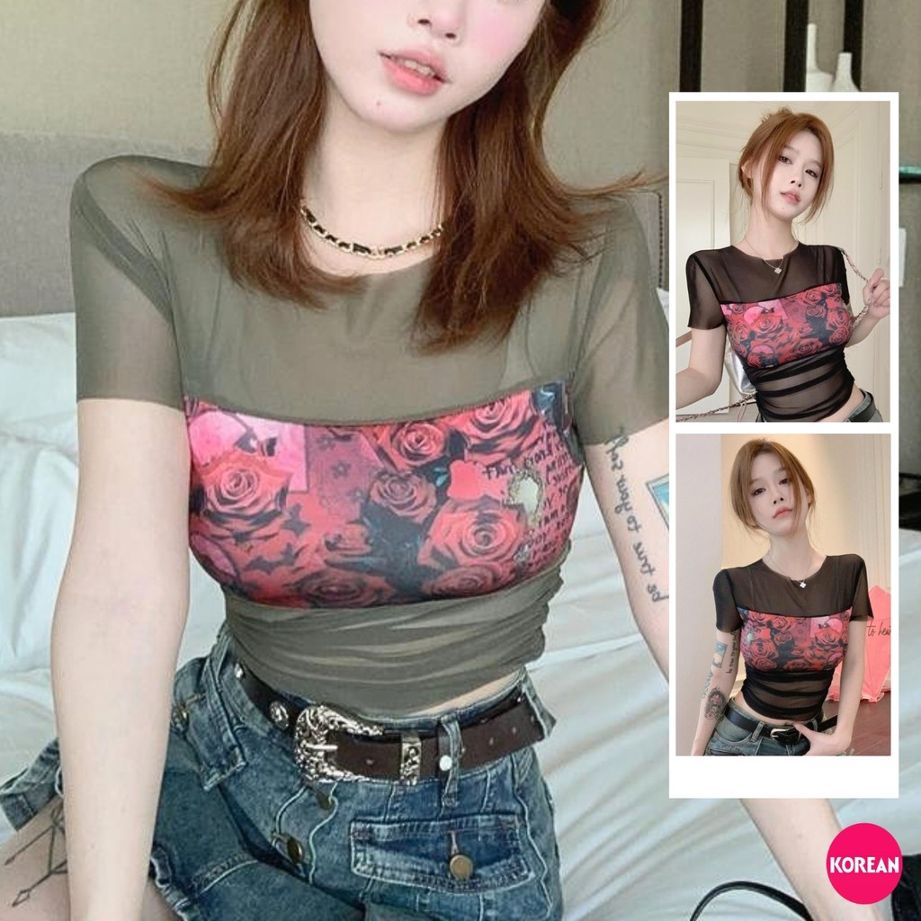 Korean Fashionเสื้อยืดแขนสั้นผ้าซีทรู ไม่มีซับ คอกลม ย่นข้าง แต่งแถบลายกุหลาบ 2 สี