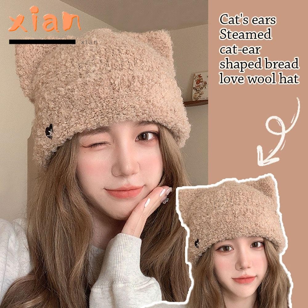 หมวกบีนนี่ เซียน หูแมวน่ารักปุยปิดหูกันหนาวหมวกฤดูหนาวที่อบอุ่นเย็นหลักฐานตุ๊กตาเสื้อสวมหัวหมวกสําหรับผู้หญิง