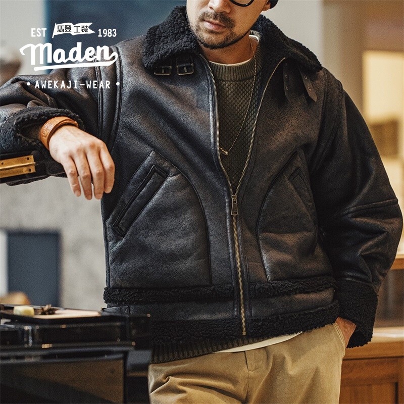 Maden ยี่ห้อ Workwear สไตล์ Tough Guy อาวุโสผู้ชาย American Retro B3 Bomber แจ็คเก็ตหนังหนัง One Piece Plush รถจักรยานยนต์ Suede Coat