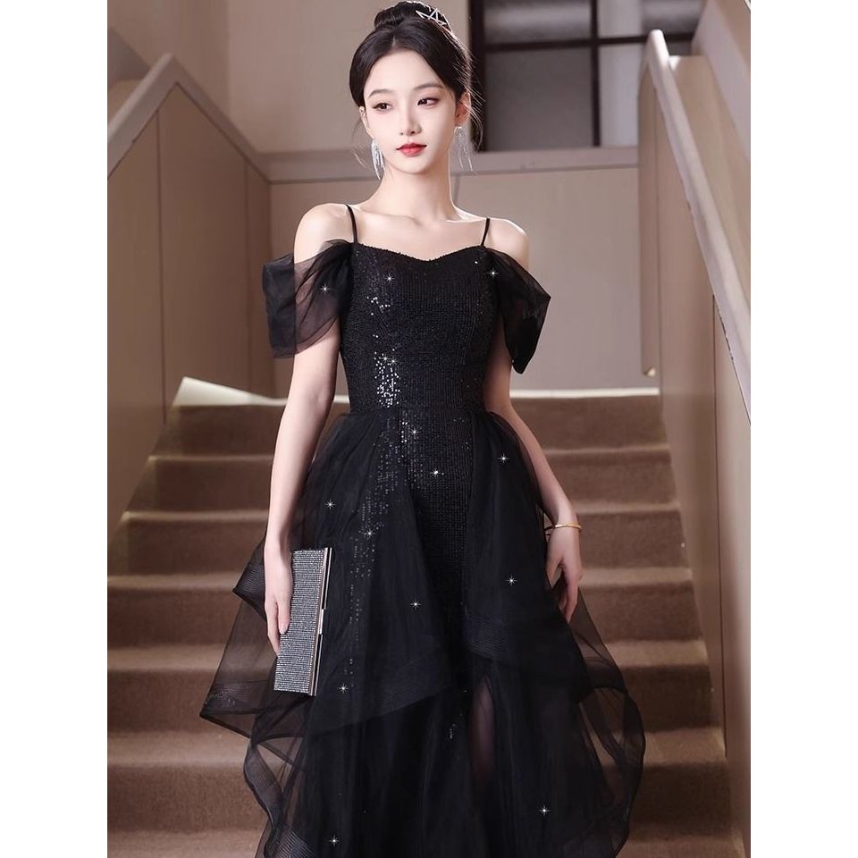 ชุดราตรีสีดํา High-End วันเกิดจัดเลี้ยงอารมณ์นักเรียน Art Exam Performance ของขวัญผู้ใหญ่ Niche Bright ประกายชุด lf10.14 - รูปที่ 6