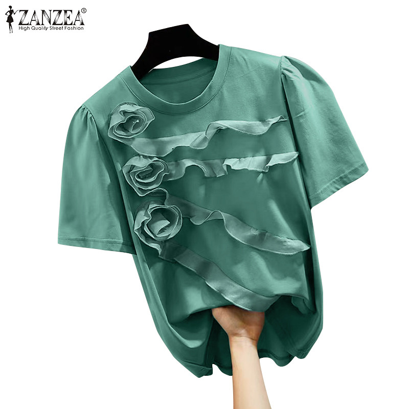 Zanzea เสื้อยืดแขนสั้นดอกไม้คอกลมลําลองสไตล์เกาหลีสําหรับผู้หญิง